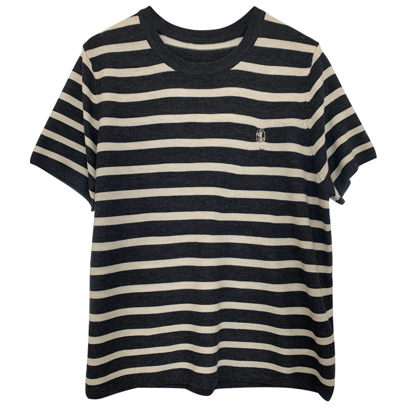 冰丝条纹基础款短袖女针织衫松弛感上衣2025早秋撞色经典打底T恤,淘宝优惠券,粉丝福利购,淘宝优惠卷