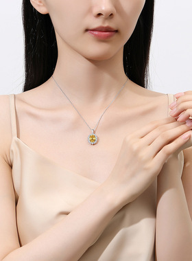 新款鸽子蛋形黄钻S925纯银高碳钻项链碎花切锆石吊坠时尚满钻