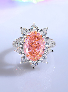 S925纯银黄钻戒指女冰花切雷迪恩切8A高碳钻彩色宝石婚戒宴会欧美