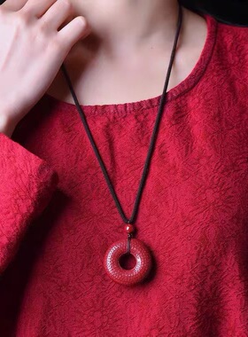 紫金朱砂雕刻般若心经吊坠手工配饰挂件红色饰品情侣礼物项链