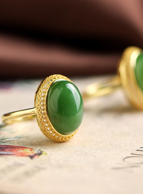 通体S925纯银镀金天然和田玉碧玉蛋面戒指复古镶嵌女指环