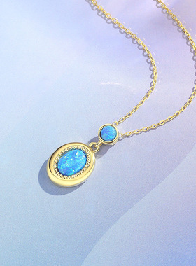 新款法式环圆珠旦形炫彩欧泊项坠女S925纯银简约项链轻奢复古银饰