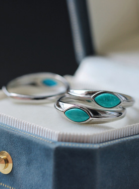天然湖北原矿绿松石戒指S925纯银镶嵌高品质原矿复古马眼现货