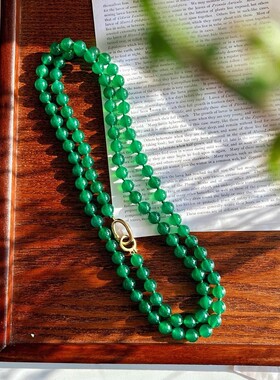 银镀金扣8mm6A起光天然绿玉髓项链毛衣链可叠戴可当毛衣链