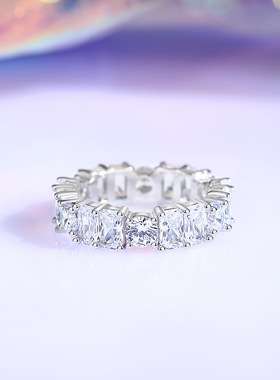 欧美方排钻戒指女男S925纯银小众创意设计镶超闪圆钻锆石手饰