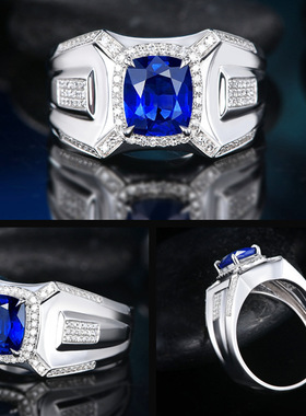 霸气满钻仿天然蓝宝石戒指男款潮男18K金蓝锆石钻石彩宝戒指
