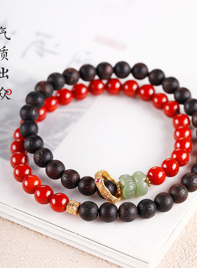 天然降真香手串半山半水国风文玩手链女生伴手礼和田玉并蒂莲手饰