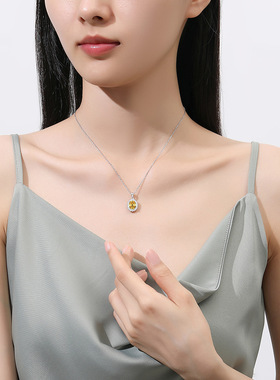 S925纯银项链8A高碳石吊坠岁月如金锁骨链新款饰品碎花切现货