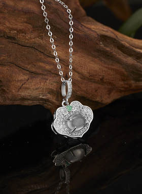 s925纯银新款祥云如意平安锁吊坠项链镶嵌天然蛋面水沫子玉石