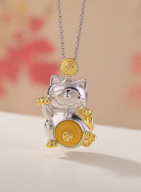 通体S925纯银和田玉晴水玉蜜蜡铜钱钱币招财猫吊坠毛衣链银挂坠