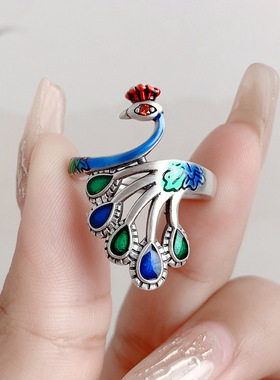 S925纯银彩色孔雀戒指女活口烧蓝
