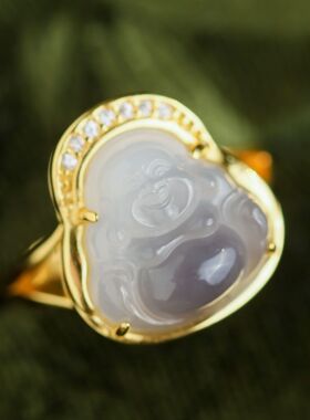 通体佛公烟紫戒指S925银镀金和田玉开口珠宝开口戒女