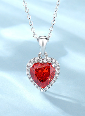 新款原创S925银坦桑蓝宝石心形项链满钻时尚简约爱心高碳钻冰花切