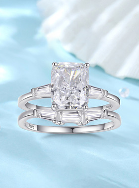 原创新品2.5ct方糖高碳钻欧美套戒S925银女戒指高级轻奢婚戒