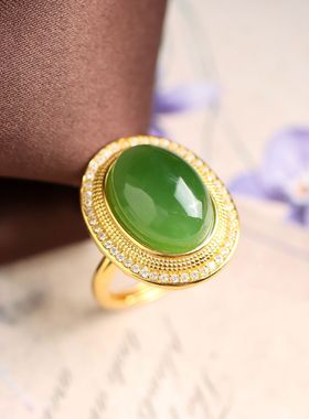 通体S925纯银镀金天然和田玉碧玉蛋面戒指国潮古风创意气质女指环
