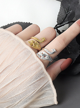 复古泰银简约立体银孔雀戒指活口