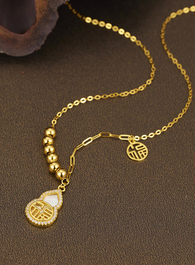 新中式福禄葫芦项链s925纯银镀古法金珠福字葫芦锁骨链饰品