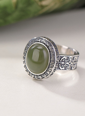 通体S990足银和田玉青玉戒指复古药师佛金刚杵新中式开口银指环