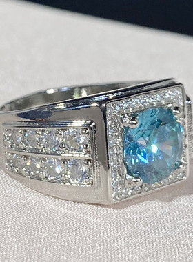 奢华开口镀PT950铂金八心八箭蓝绿锆石莫桑钻满钻男戒指