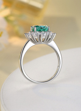 S925纯银帕拉伊巴戒指女祖母绿高碳钻珠宝仿真宝石碧玺跨境戒指环