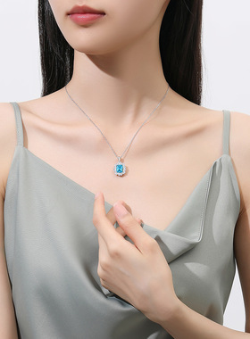 热销新品S925纯银碎花海蓝宝项链女欧美轻奢2.5ct椭圆满钻锁骨链