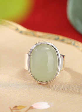 通体纯银S925纯银和田玉复古大气简约蛋面戒指个性气质百搭银指环