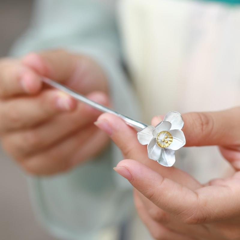 水仙花发簪女中国民族古风汉服古装配饰盘发一字发钗镀银簪子头饰-图1