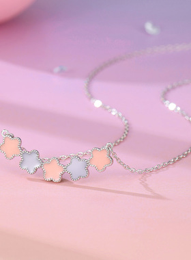 925纯银荧光五叶草吊坠项链女生5颗粉紫滴胶小星星配饰礼物送闺蜜