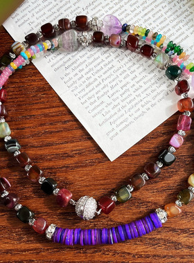 复古天然方糖玛瑙紫色贝壳石英岩炫彩飞碟珠项链锁骨链毛衣链