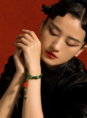 现货天然和田碧玉手串女款S925银镀18K金南红9mm圆珠手链源头