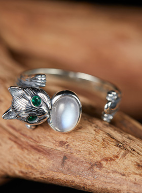 复古彩宝招财猫指环纯银镶嵌天然月光石宝石戒指女个性款