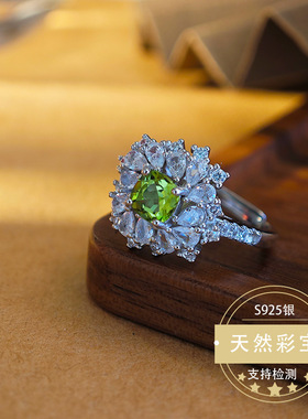 天然彩宝橄榄石戒指镶嵌银高级华丽设计欧美直播热款
