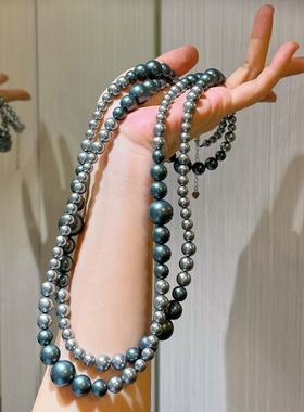 长款灰黑色贝珠渐变大小毛衣链