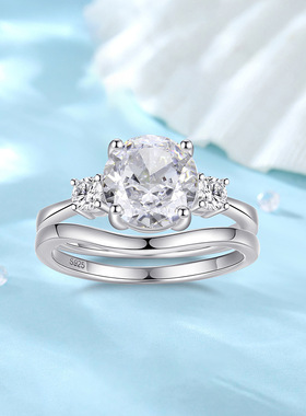 925银U型文艺套戒女复古欧洲风戒指爆闪大圆高碳钻女朋友礼物