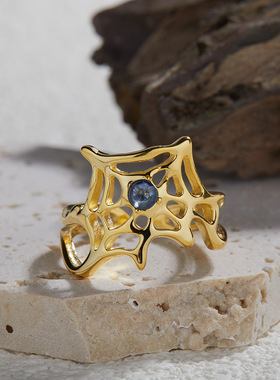 纯银天然石榴石透辉蓝宝石彩宝戒指女个性夸张蜘蛛网直播新款