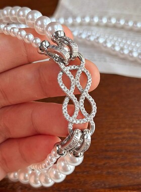 可拆分经典白施家珍珠8字扣双层项链高档轻奢小众毛衣链饰品叠戴