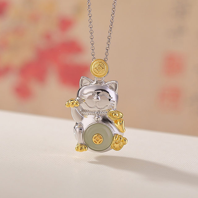 Whole body S925 sterling silver Hetian jade clear water jade beeswax copper coins coins lucky cat pendant sweater chain silver pendant