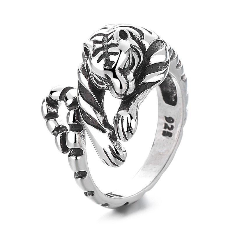 Simple domineering personalized white tiger ring retro ethnic style twelve zodiac tiger opening versatile creative index finger ring