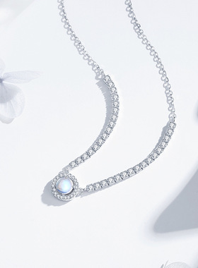 跨境热销S925纯银圆形月光石吊坠项链女轻奢欧美梦幻派对饰品