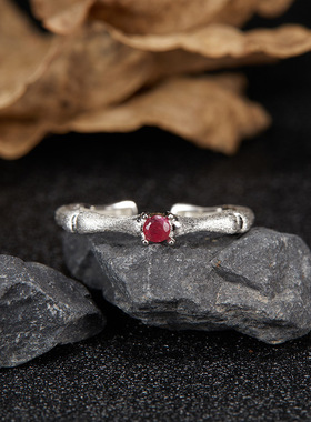 S925纯银拉丝天然彩宝竹节十二月生辰石戒指小众高级感食指戒