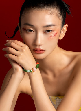 现货天然和田碧玉手串女S925银镀18K金粉澳宝南红9mm圆珠手链