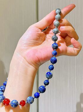 天然青金石地图石红玉髓设计感项链