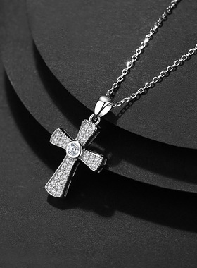S925纯银满钻宽十字架嘻哈项链HipHop吊坠锁骨链跨境饰品厂家直销