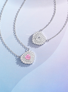 原创新品粉红爱心闪钻吊坠项链女生S925银高级感梯形锆石配饰礼物
