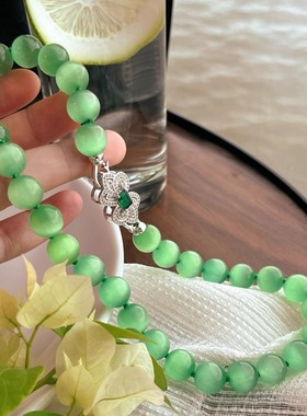 超美果绿色人造猫眼石锁骨链 12mm大颗粒人造水晶项链 颗颗打结