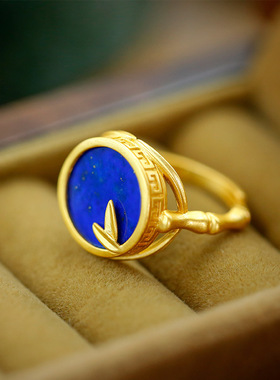 S925银镶青金石戒指竹节戒指简约奢复古高级感女中古风