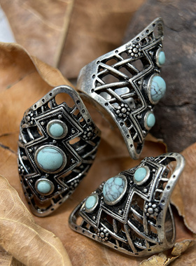 外单vintage欧美复古绿松石头中古董小众民族夸张戒指环满25包邮