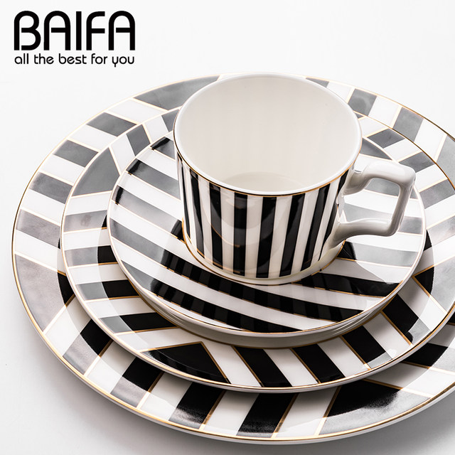 Nordic light luxury black and white gold-edged western food steak plate