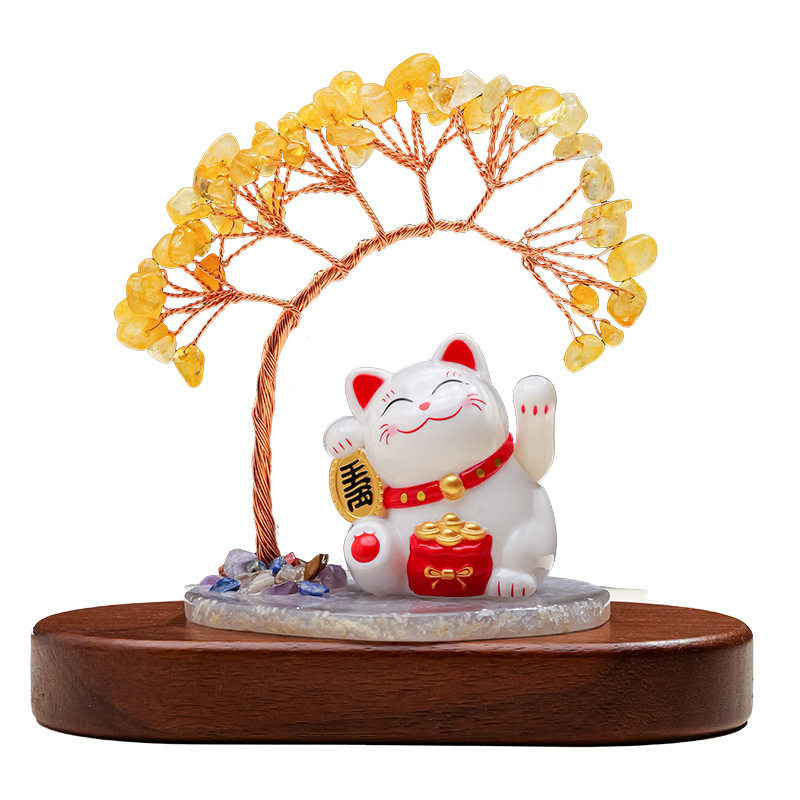 天然黄水晶发财树太阳能招财猫玛瑙片底座水晶树家居桌面车载摆件,淘宝优惠券,粉丝福利购,淘宝优惠卷