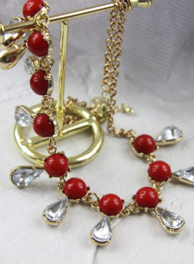 欧美日韩风红色水滴坠扇形毛衣链